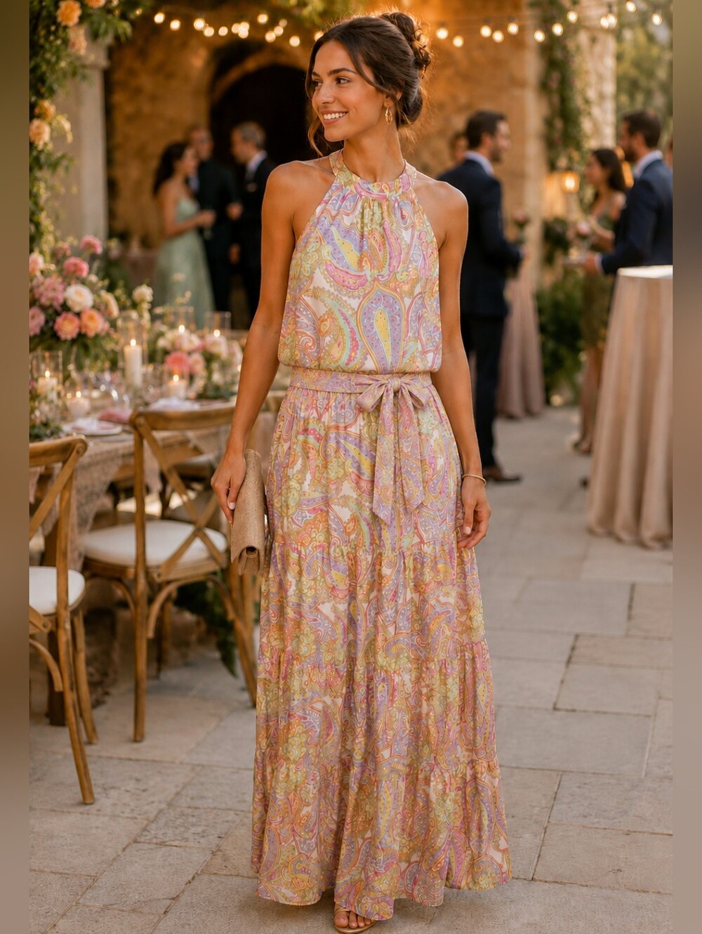 Julia Jordan Pastel Paisley Halter Ruffled Tiered Maxi Dress Size 14 Belted EUC